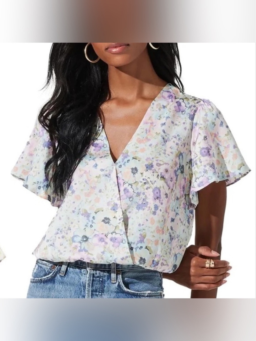 Astr Pastel Floral V-Neck Wrap Blouse Lavender & Peach